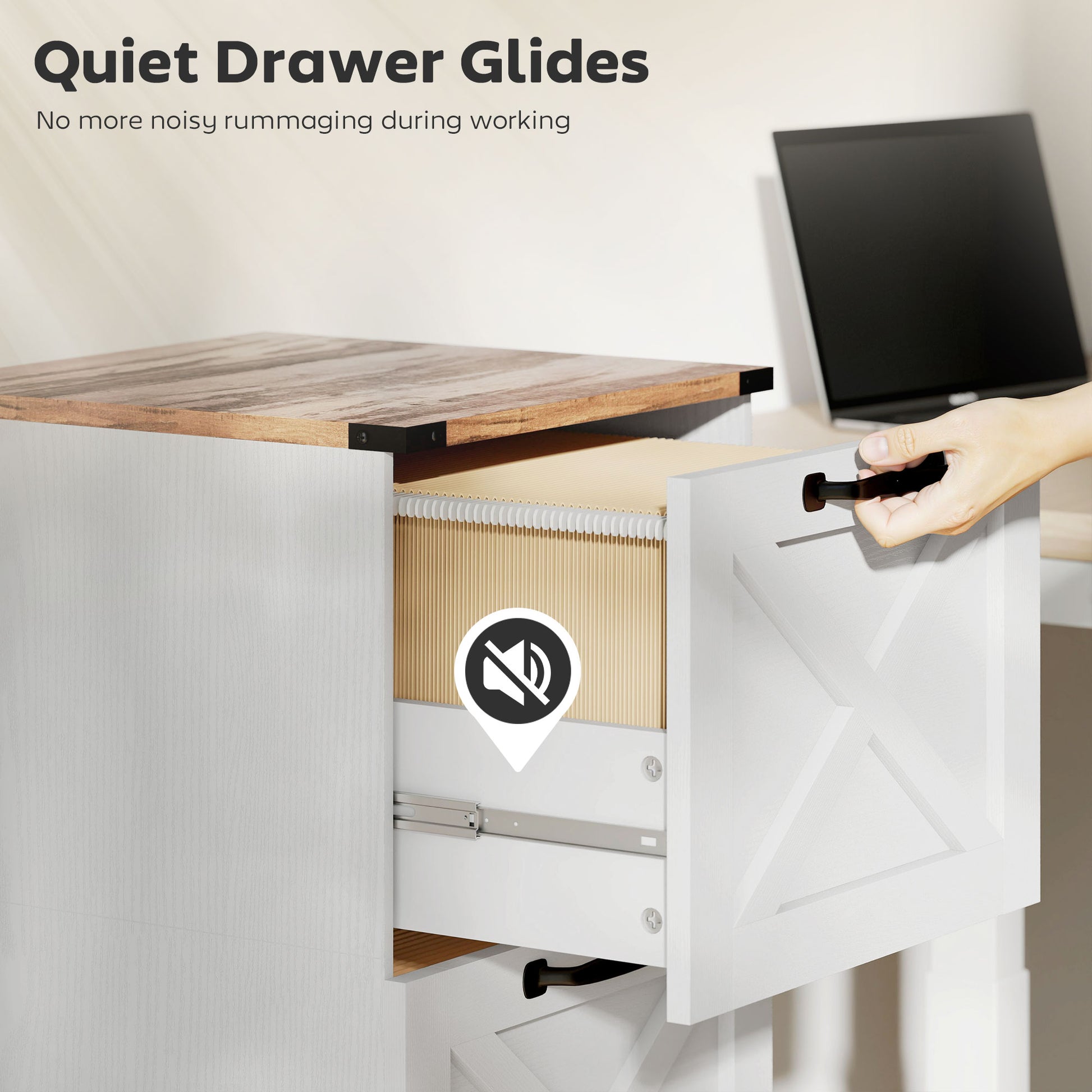 2 Drawer File Cabinet with Silent Slides, Vertical Farmhouse Filing Cabinet Fits Letter/A4 Size Home Office, White
