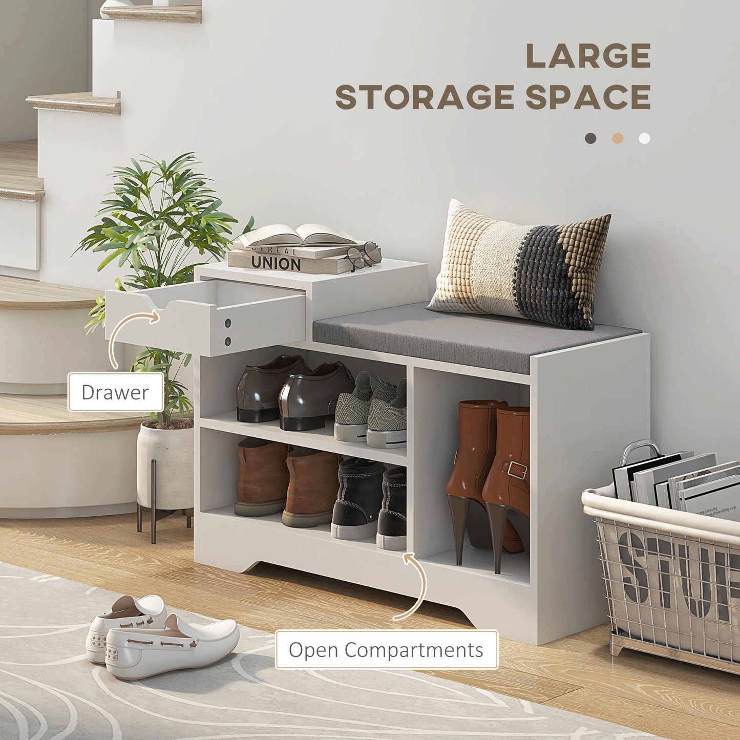 Upholstered Shoe Storage Bench, Hallway Shoe Storage with Seat, Drawer, 3 Open Shelves for Entryway, White