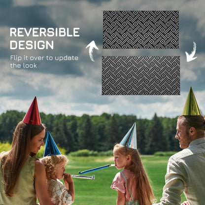 Reversible Outdoor Rug Waterproof Plastic Straw RV Rug with Carry Bag, 9' x 18', Black and Grey Geometric