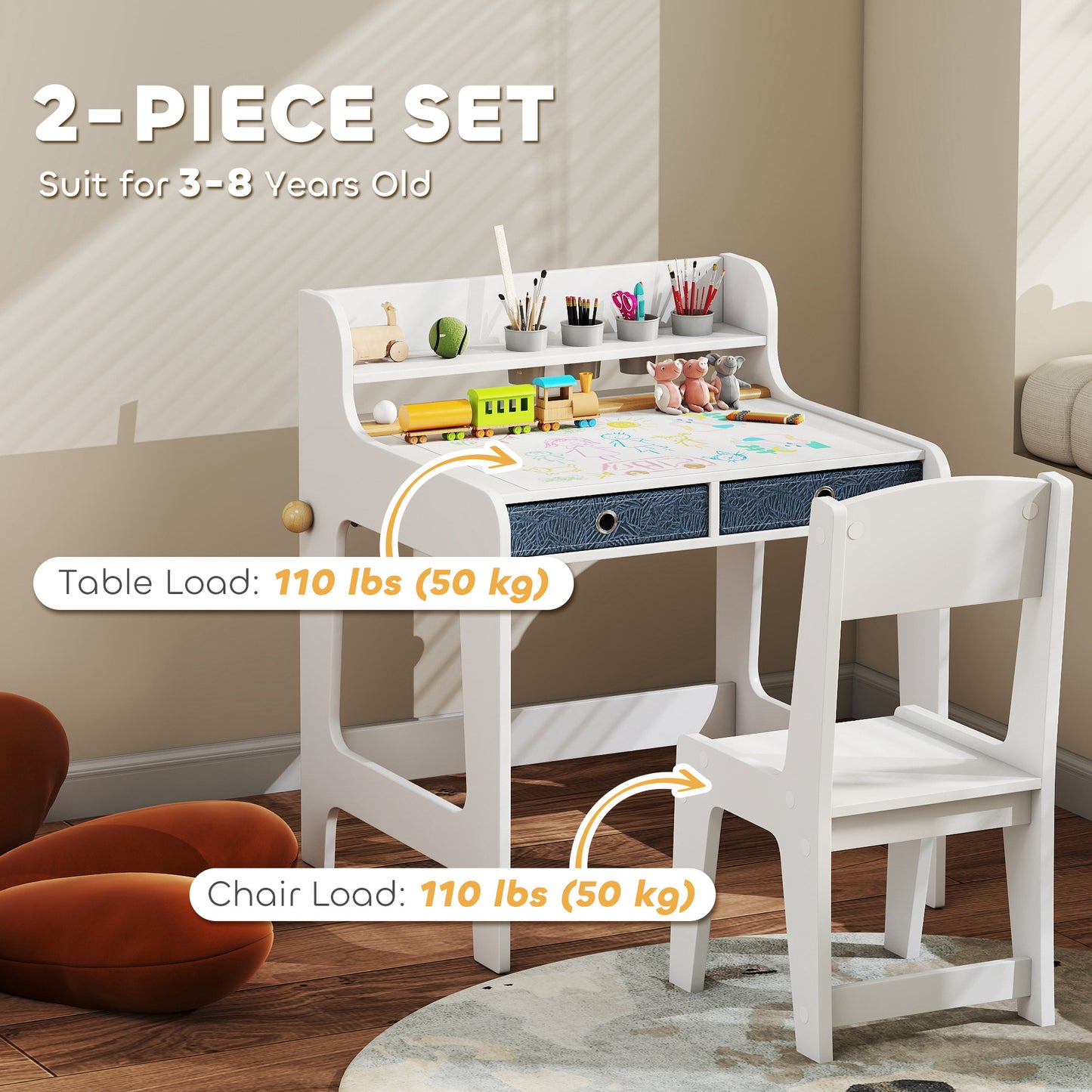 Qaba Kids Study Table and Chair Set, Art Desk and Chair Set with Storage Shelf and Drawers for 3-8 Year Old