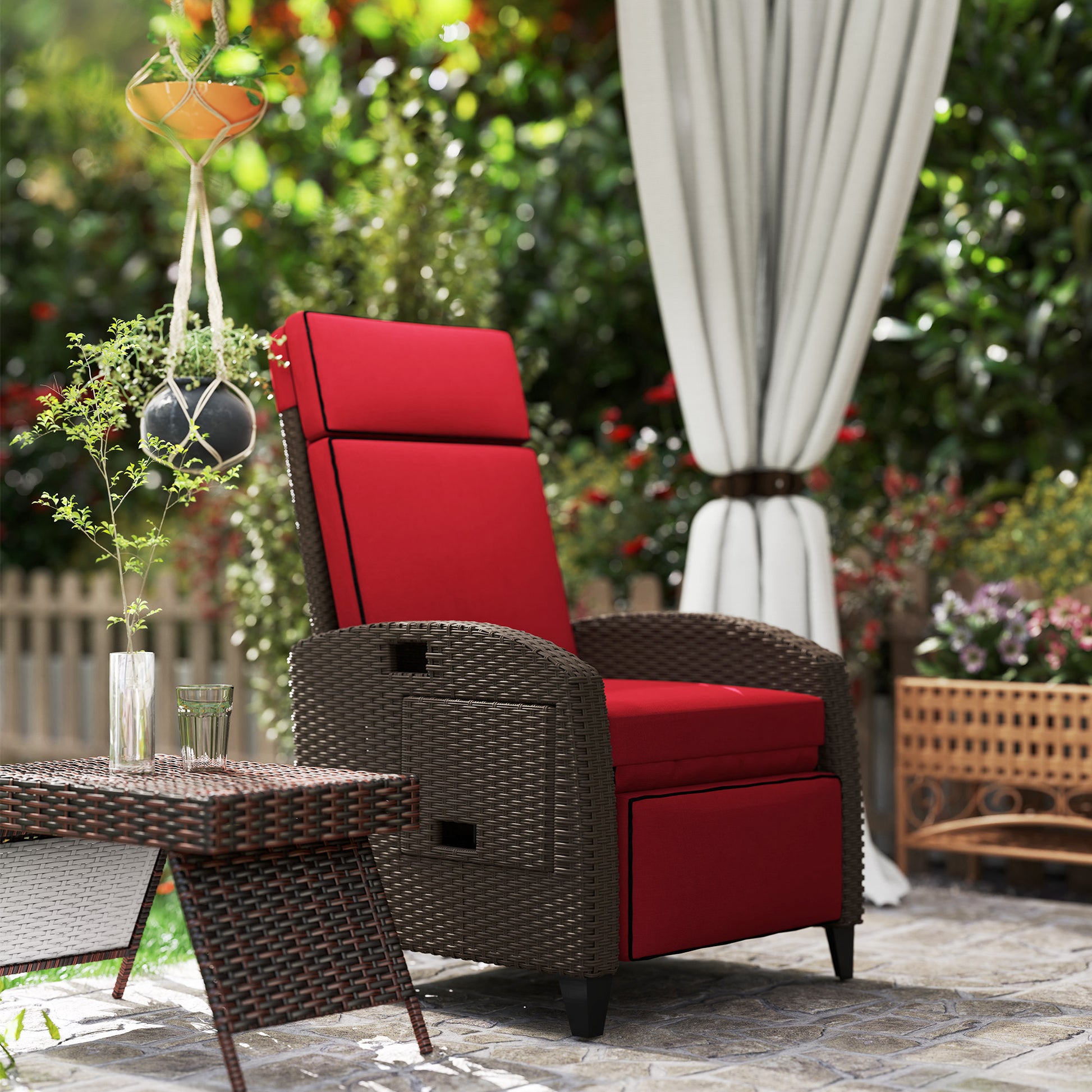 Outdoor Recliner Chair with Adjustable Backrest, Footrest, Thick Cushion, Side Tray, Up to 264 lbs, Wine Red