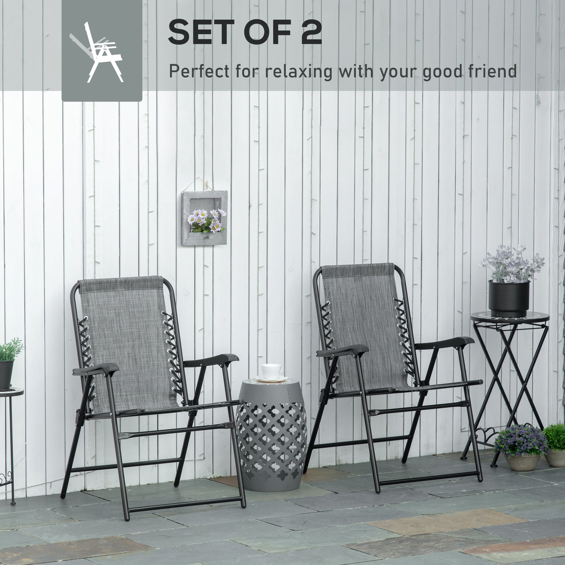 2 Pieces Outdoor Folding Patio Chair Set, Portable Camping Chairs with Armrests for Garden, Patio, Pool, Beach, Grey