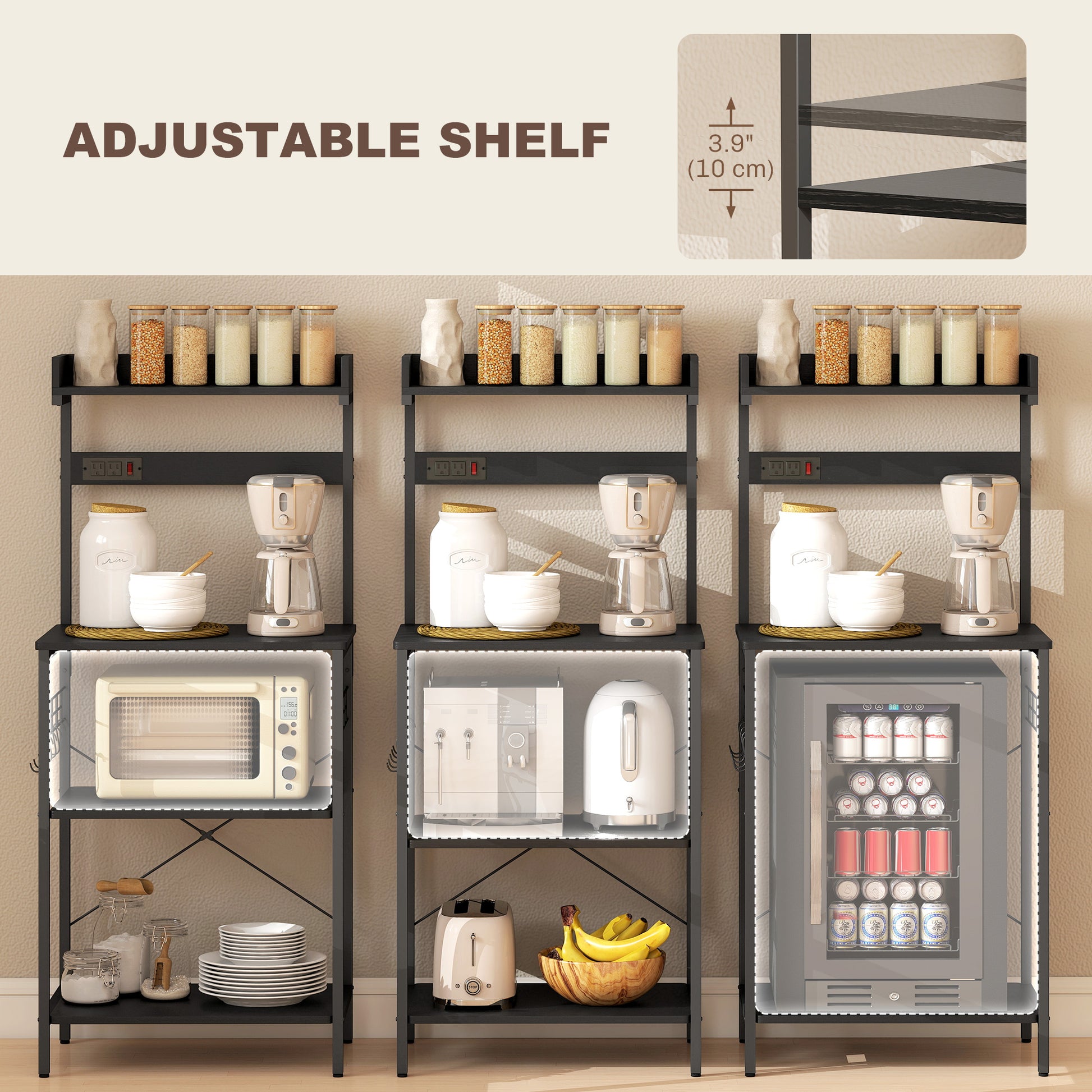 Kitchen Baker's Rack with Power Outlet, Coffee Bar Station with Adjustable Shelves and Hooks, Distressed Black