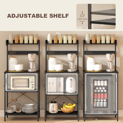 Kitchen Baker's Rack with Power Outlet, Coffee Bar Station with Adjustable Shelves and Hooks, Distressed Black