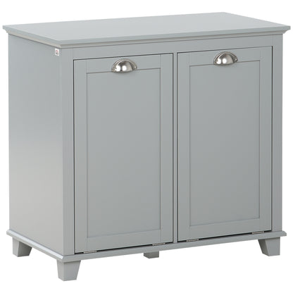 Tilt-Out Laundry Storage Cabinet, Bathroom Storage Organizer with Two-Compartment Tilt Out Hamper, Grey