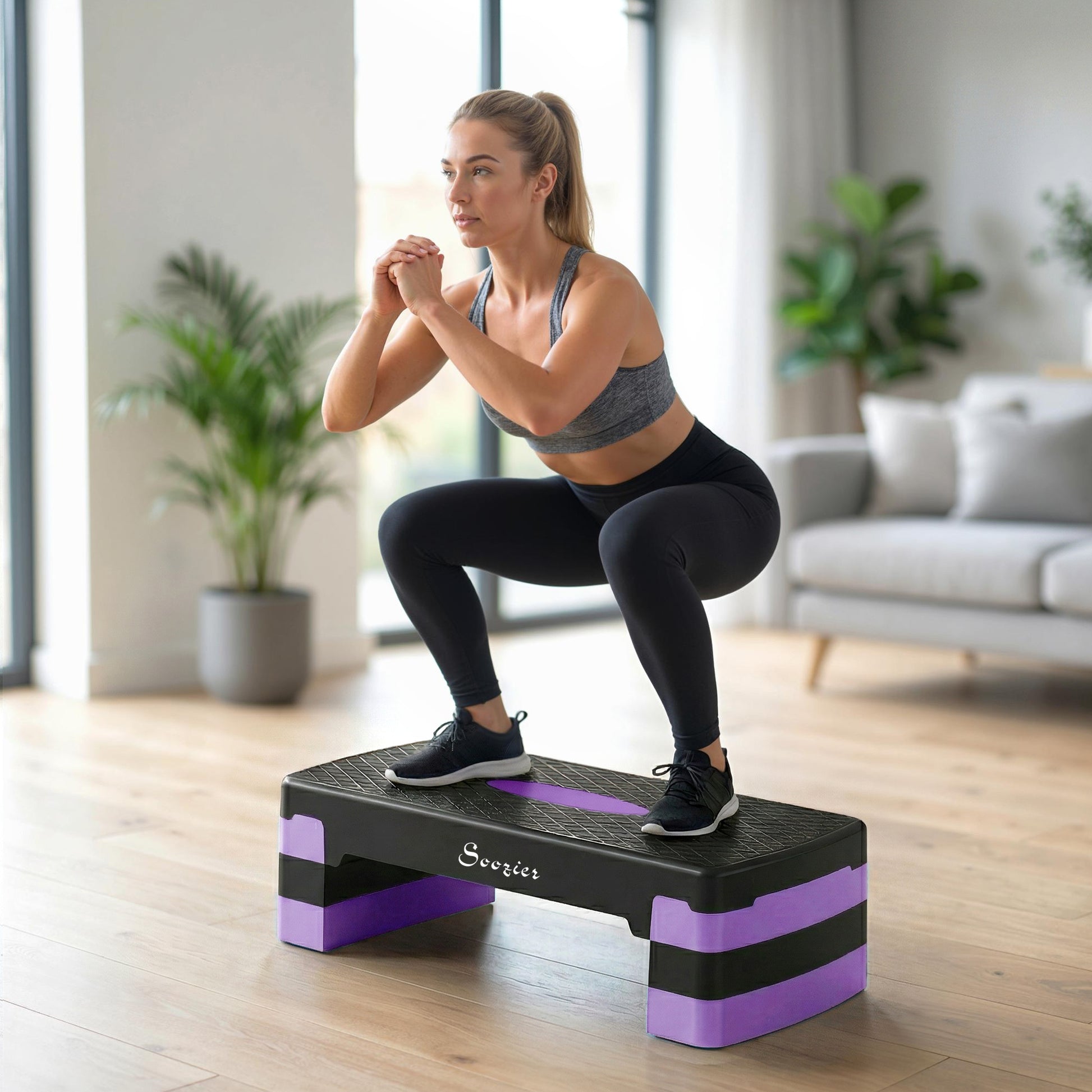 Soozier Aerobic Exercise Step Platform, 4"/6"/8" Adjustable Aerobic Stepper with Risers, Workout Stepper for Home Gym, Purple