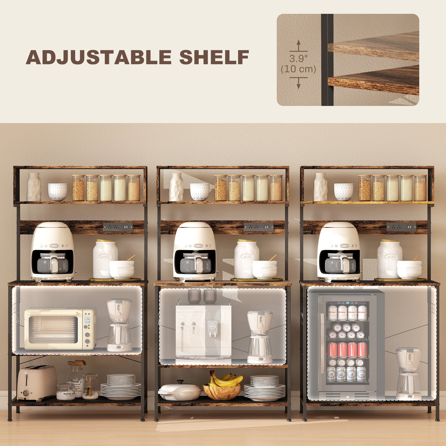 Baker's Rack with Charing Station, Microwave Shelf with Power Outlet, USB Charger and 5 Hooks, Rustic Brown