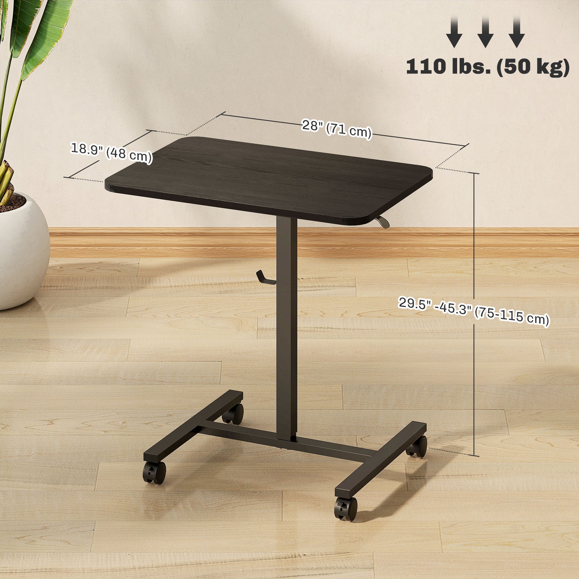 Height Adjustable Standing Desk, Pneumatic Sit Stand Desk with Wheels and Headphone Hook, Black Wood Grain