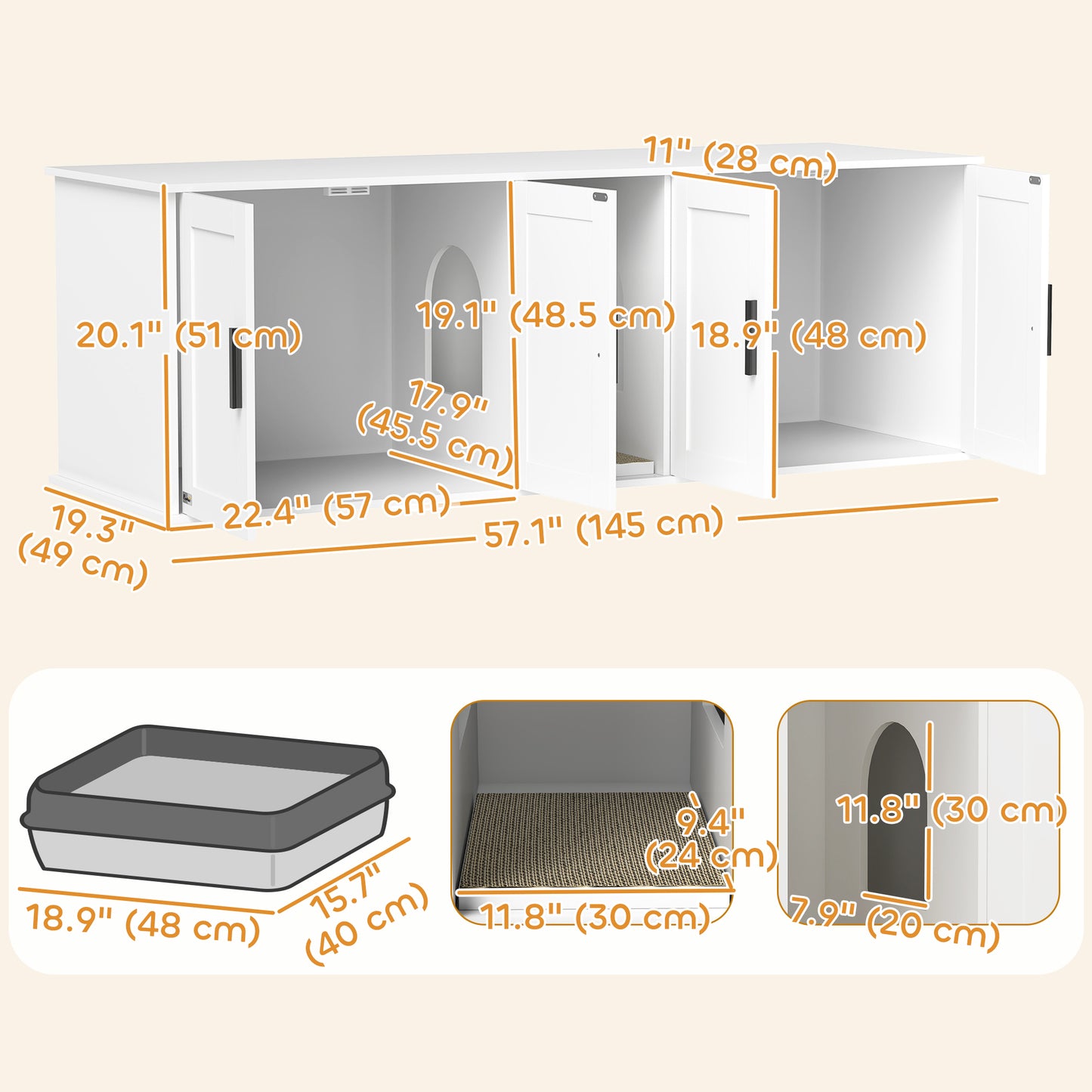Cat Litter Box Enclosure with Double Room, Scratching Board for 2 Cats, 57" x 19" x 20", White