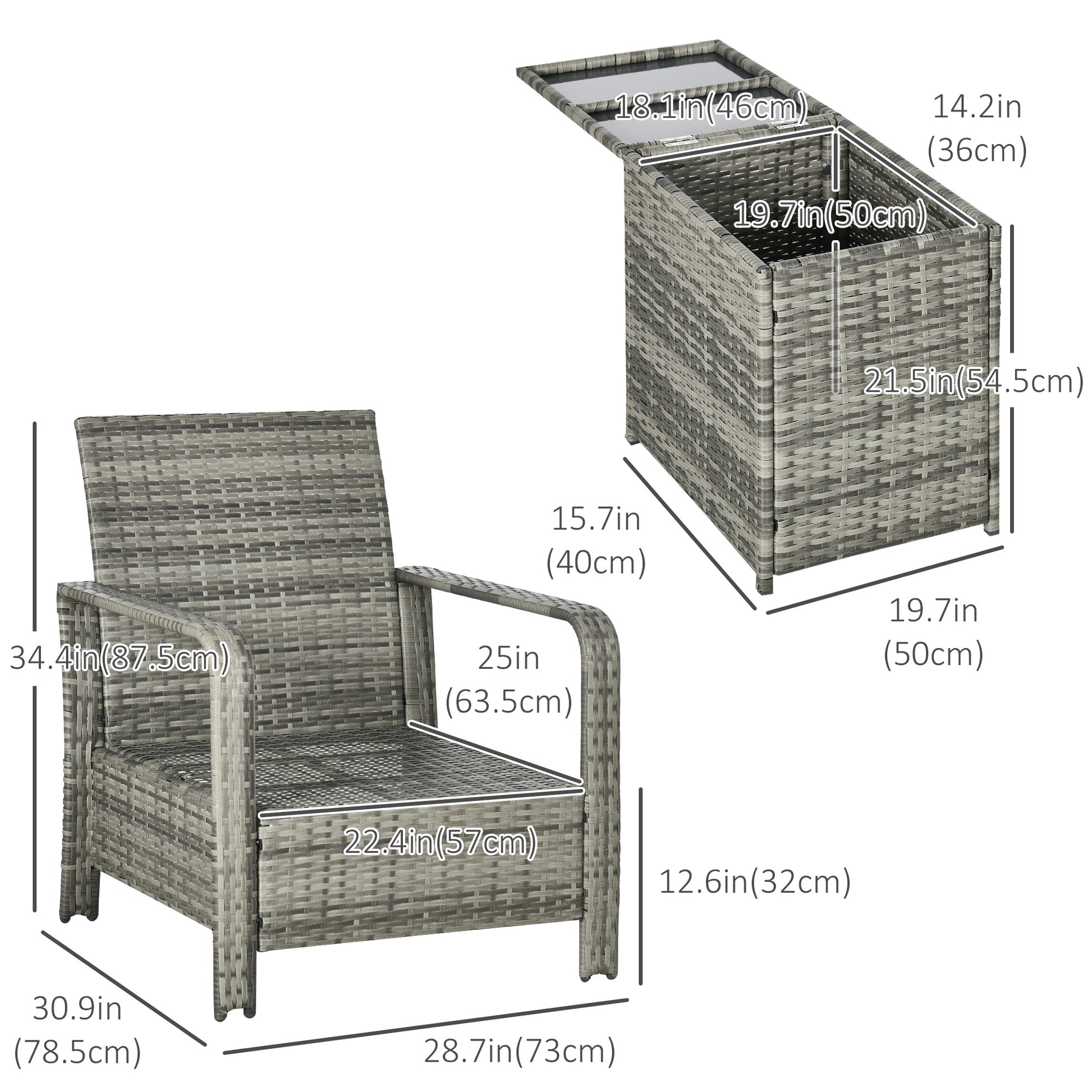 3 Pieces Wicker Patio Furniture Set, Rattan Bistro Set with Storage Coffee Table and Thickened Cushions, Outdoor Conversation Set for Garden, Porch, Balcony, Beige