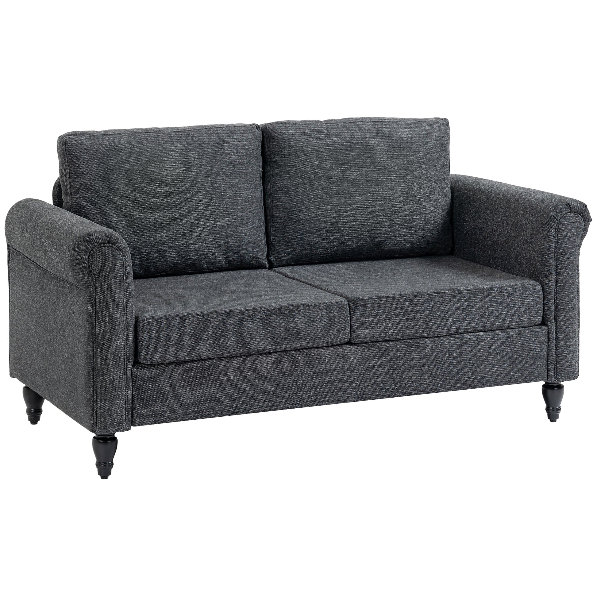 Vintage Loveseat, Upholstered Love Seat Furniture, Chenille-feel Fabric 2 Seater Sofa Couch with Rolled Arms, Gourd-Shaped Rubber Wood Legs for Living Room, Dark Grey