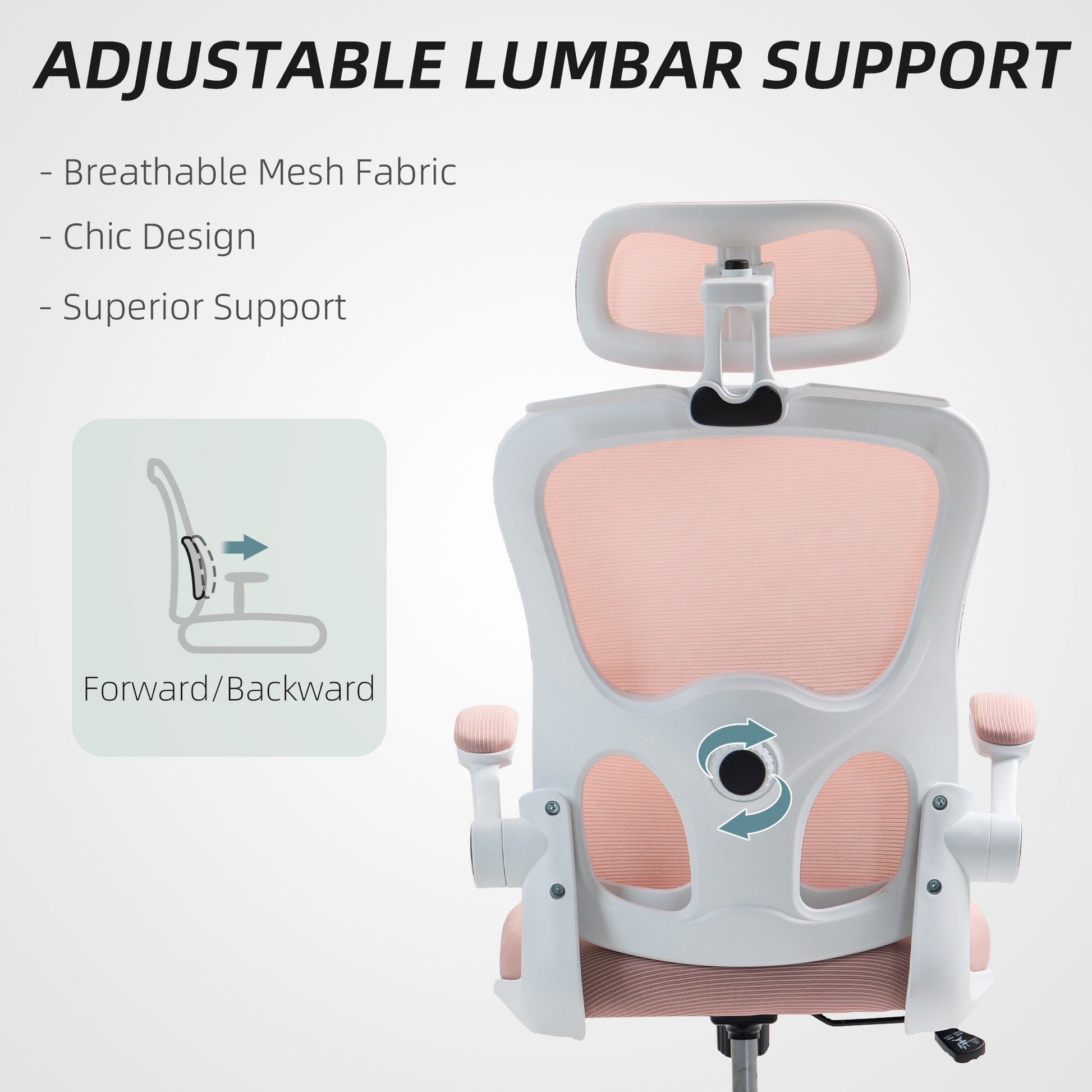 Mesh Office Chair, Ergonomic Desk Chair with Flip-up Armrest, Rotatable Headrest, Adjustable Lumbar Support, Pink