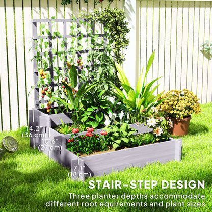 Wooden Elevated Planter Box with Trellis for Climbing Plants, 3 Tier Raised Garden Bed for Garden, Outdoor, Grey