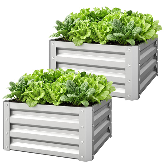 2Pcs 2' x 2' x 1' Galvanized Raised Garden Bed Kit, Square Outdoor Metal Planter Box with Open Bottom for Vegetables, Flowers, Herbs, Silver