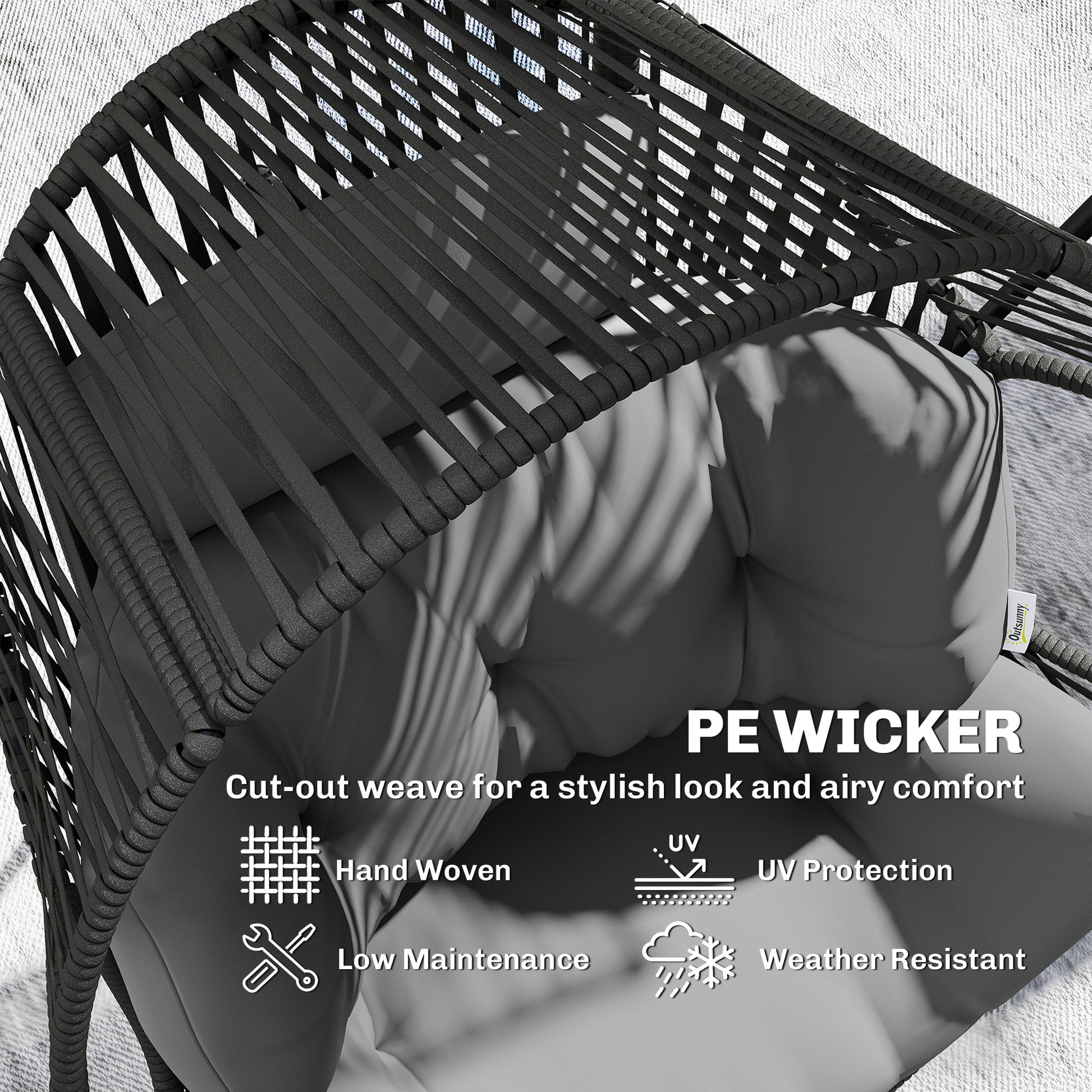 Wicker Egg Chair, Indoor Outdoor Rattan Lounge Chair with Thick Cushion and Headrest, Steel Frame, Adjustable Pads, Grey