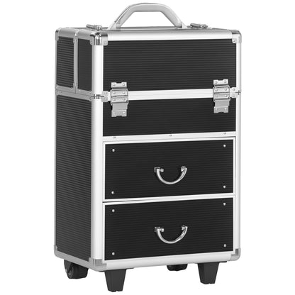 Aluminum Rolling Makeup Train Case, Portable Professional Cosmetic Makeup Case, Lockable Traveling Cart Trunk with Folding Trays, Swivel Wheels and Keys, Black