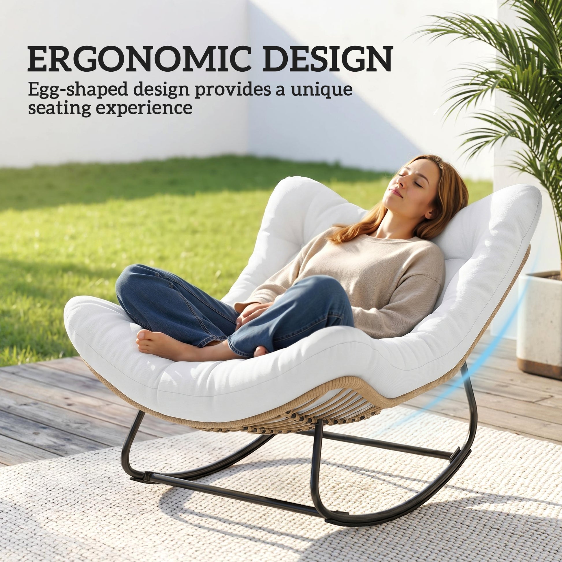 Oversized Rattan Patio Egg Chair, Outdoor Rocking Chair with Padded Cushion for Indoor, Porch, Cream White