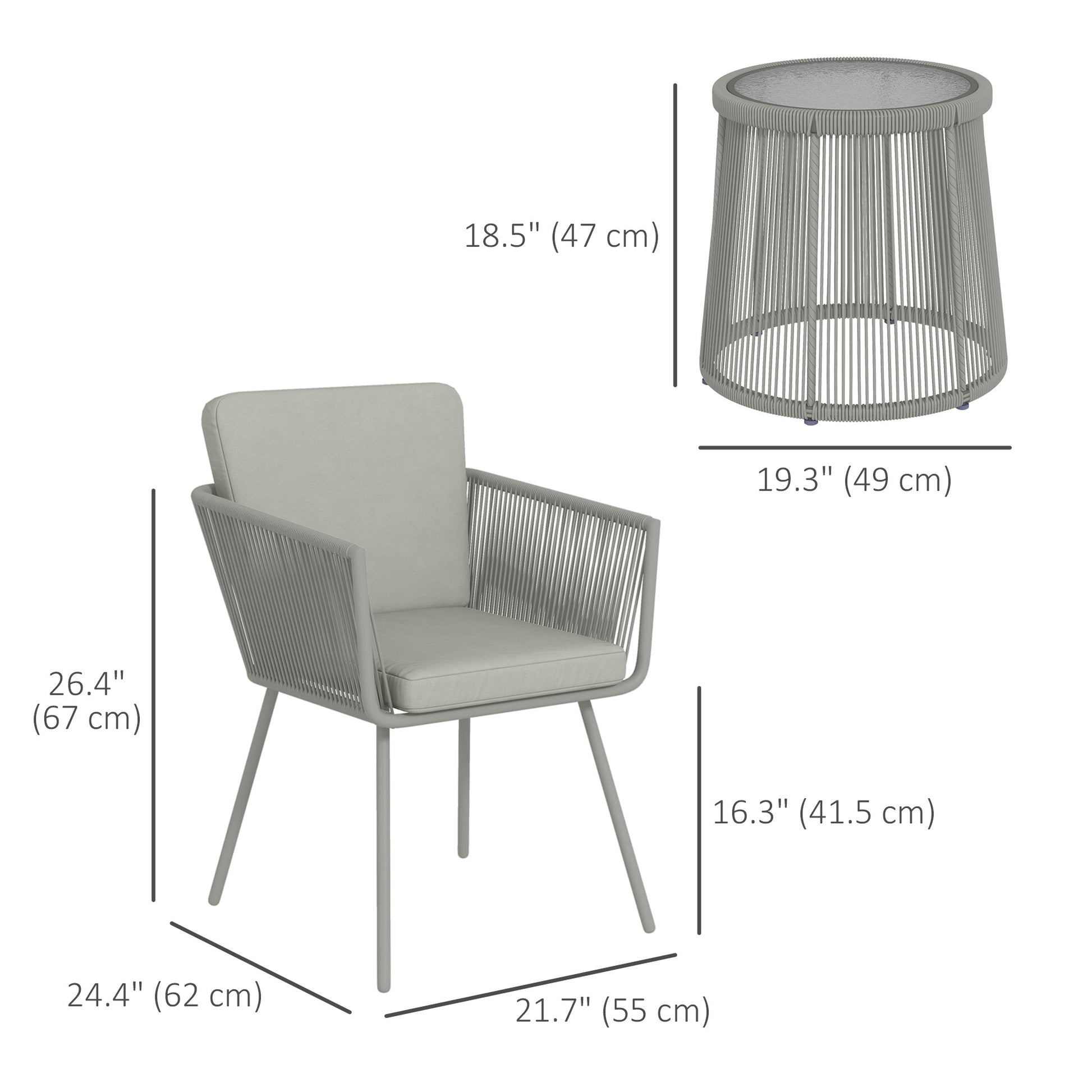 3 Piece Outdoor Patio Bistro Set, Wicker Rattan Furniture with Metal Legs for Garden, Backyard, Light Grey