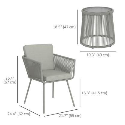3 Piece Outdoor Patio Bistro Set, Wicker Rattan Furniture with Metal Legs for Garden, Backyard, Light Grey