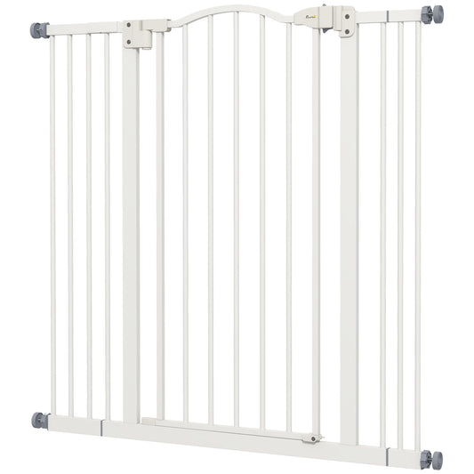 Extra Tall Dog Gate with Door, Pressure Fit, Auto Close, Double Locking for Doorways Hallways Stairs, 29"-39", White