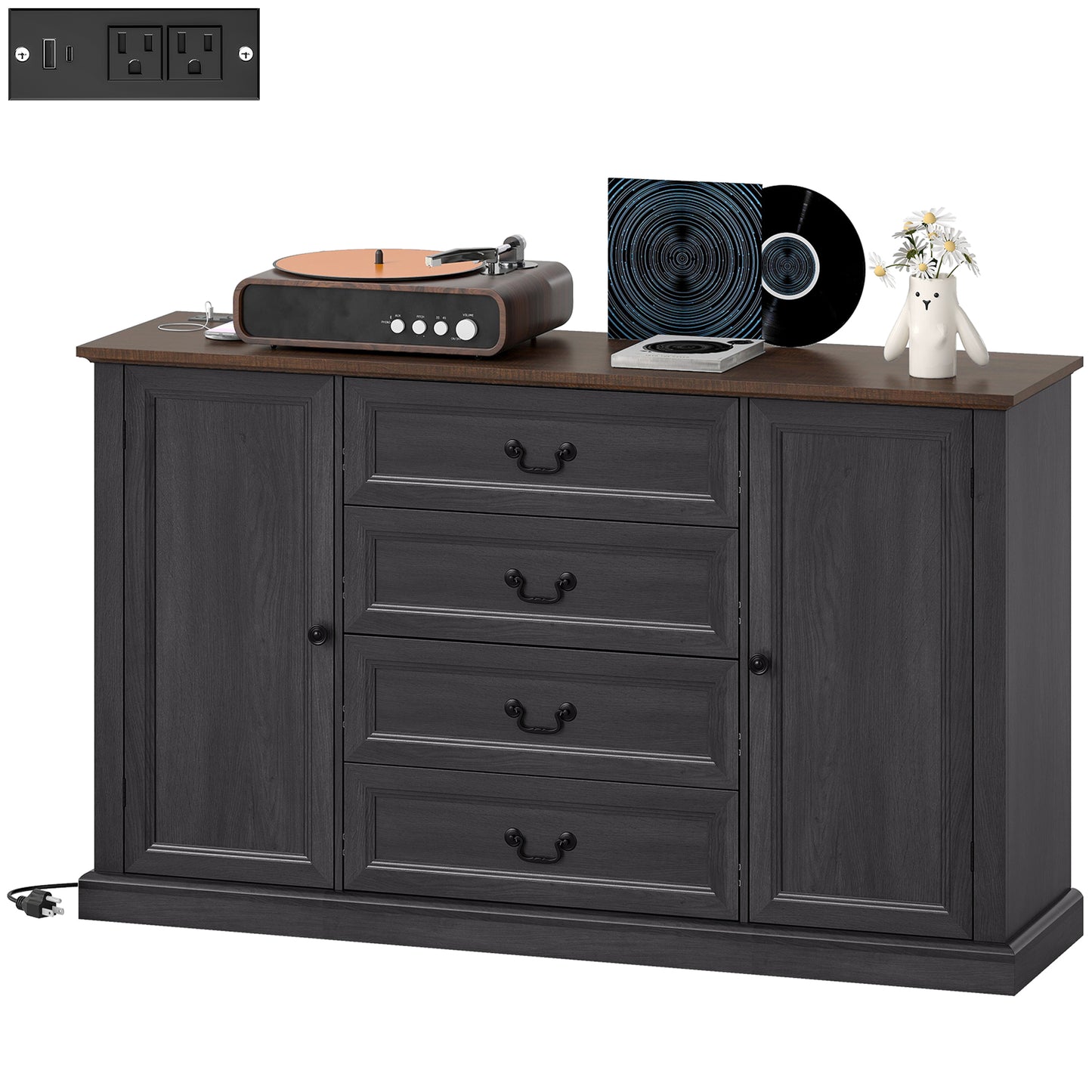 Farmhouse Sideboard with Charging Station, 58" Buffet Cabinet, Kitchen Storage Cabinet with 4 Drawers, 2 Doors, Black