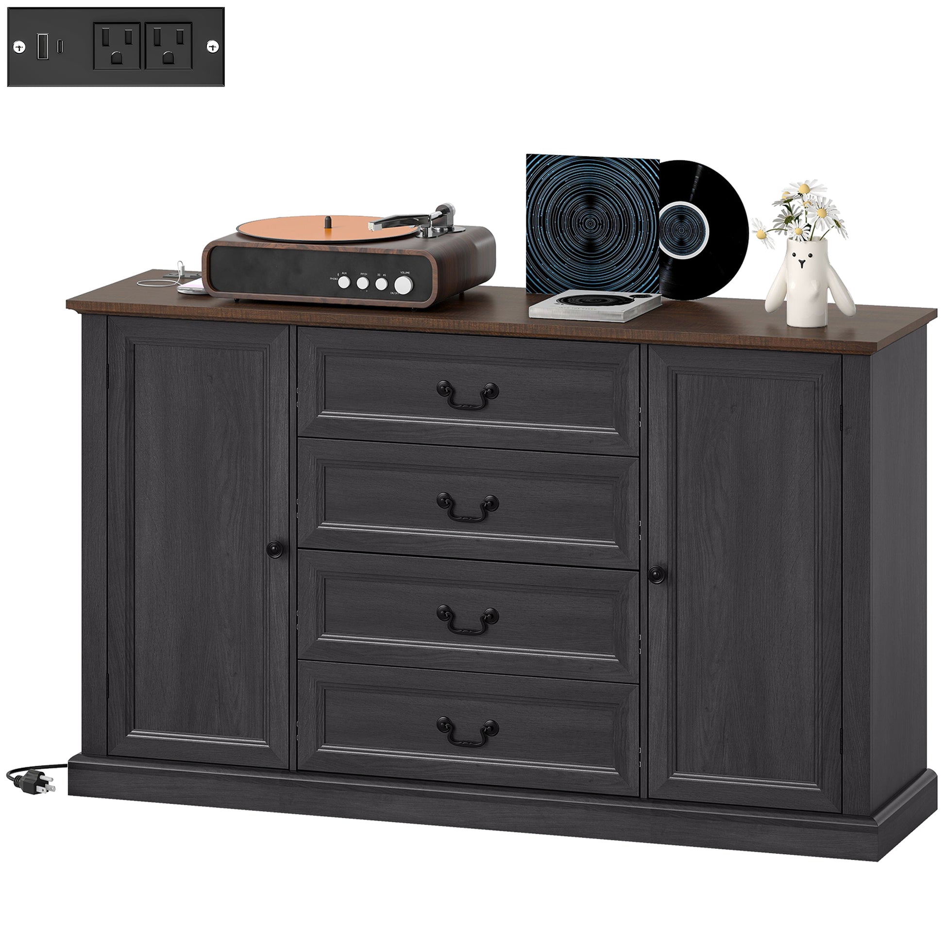 Farmhouse Sideboard with Charging Station, 58" Buffet Cabinet, Kitchen Storage Cabinet with 4 Drawers, 2 Doors, Black