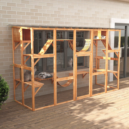 Large Outdoor Catio with Condos, Platforms, Doors, Ladders, Weather-Resistant Roof, Orange