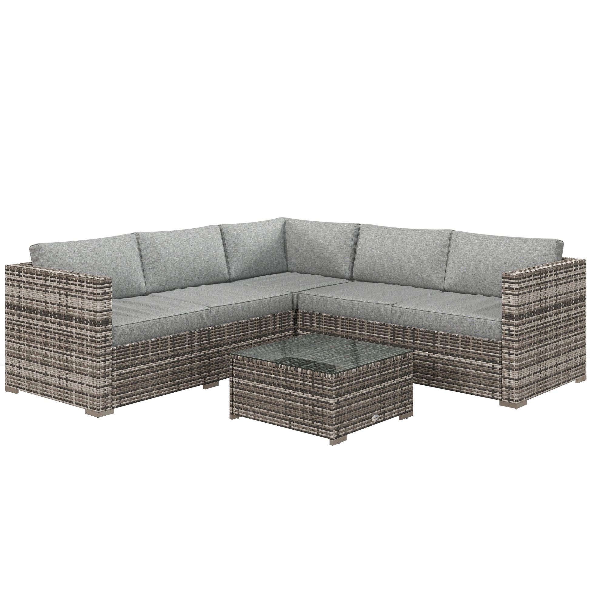 4 Pieces Rattan Wicker Outdoor Conversation Furniture Set w/ Corner Sofa Loveseats Coffee Table Cushions, Mixed Grey