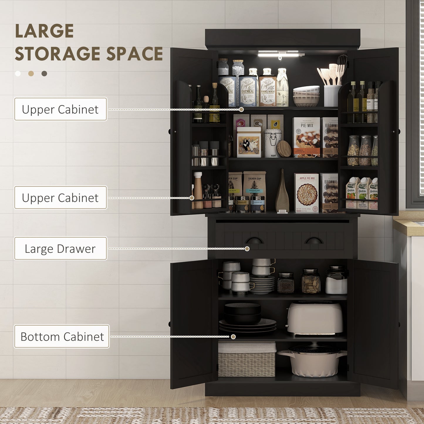 71" Kitchen Pantry Cabinet with LED Lights, 6 Spice Racks, a Drawer and 4 Adjustable Shelves, Black
