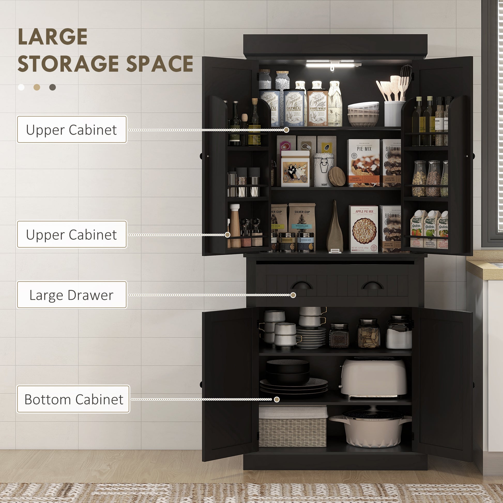 71" Kitchen Pantry Cabinet with LED Lights, 6 Spice Racks, a Drawer and 4 Adjustable Shelves, Black
