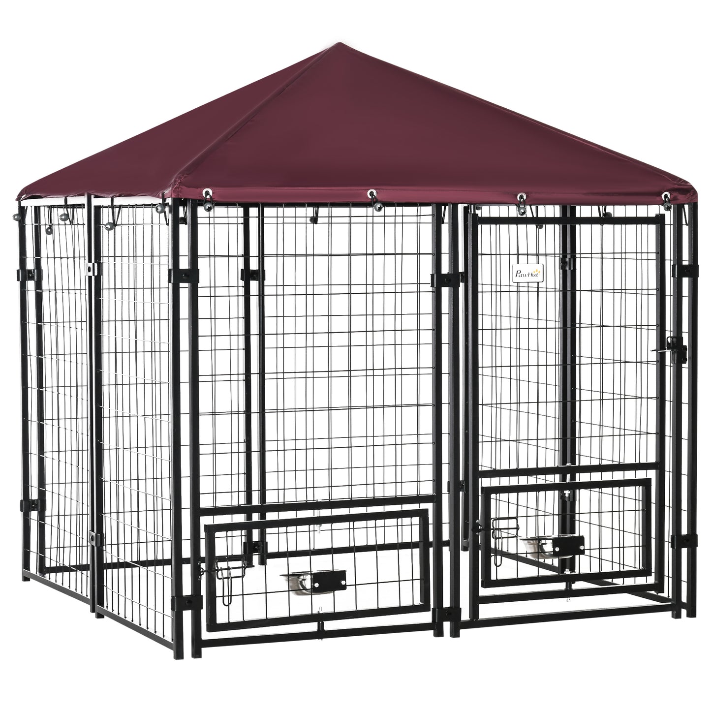 Outdoor Dog Kennel, Lockable Pet Playpen Crate, Welded Wire Steel Fence, Rotating Bowl Holders, Red