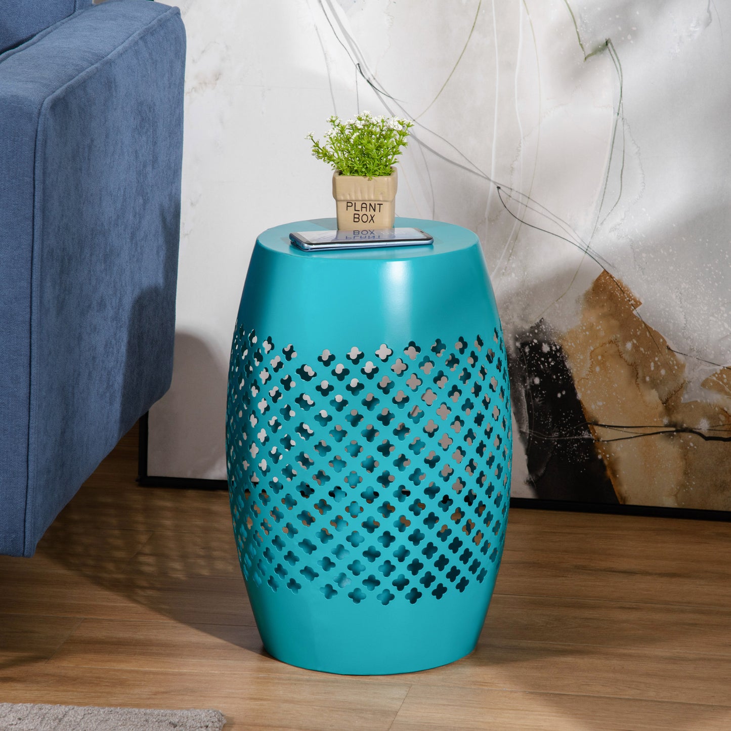 12" Steel Patio End Table, Round Hollow Drum Side Table, Accent Table for Indoor and Outdoor, Teal