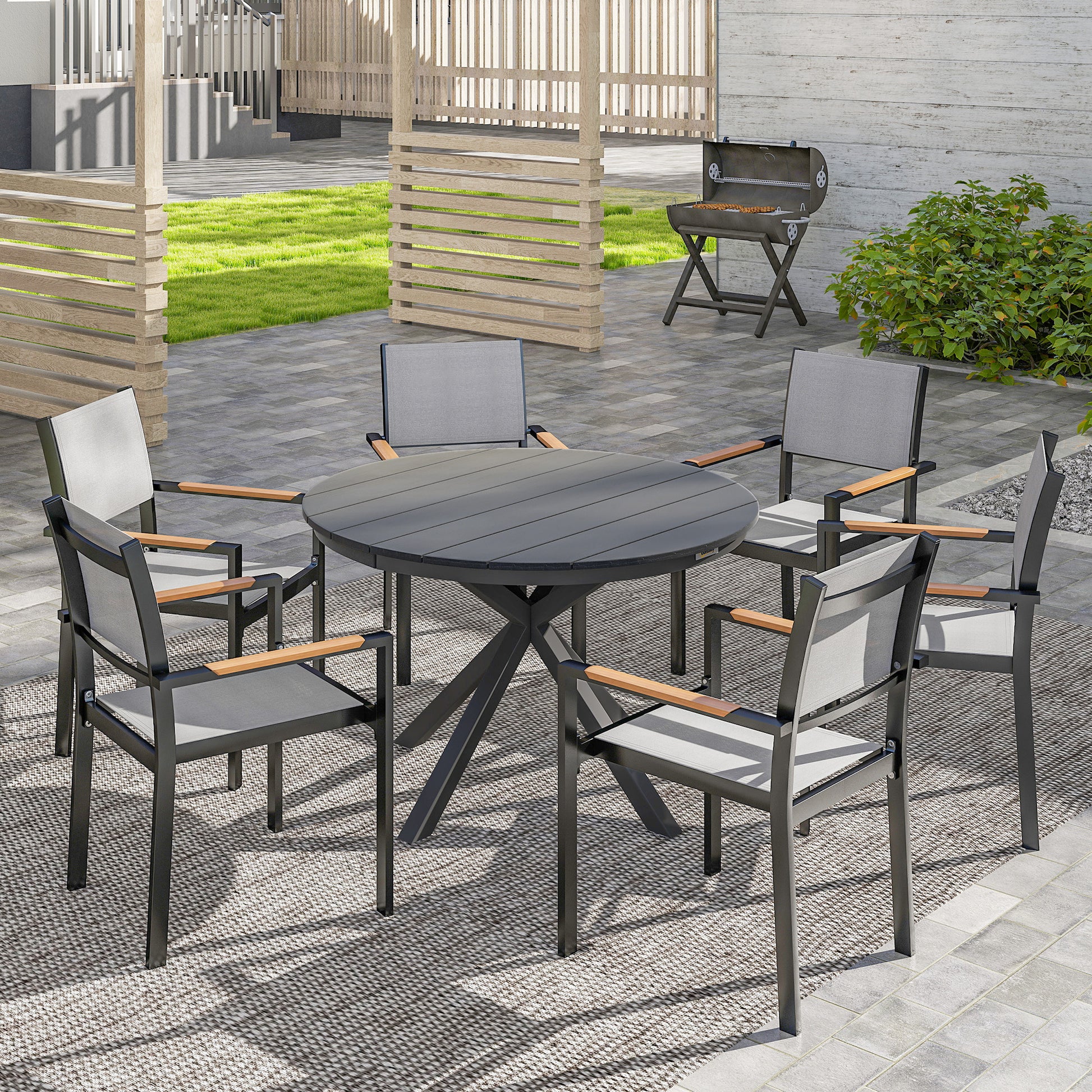 46.5" Outdoor Dining Table for 6, Round Picnic Table with Slatted Top for Balcony, Porch, Black