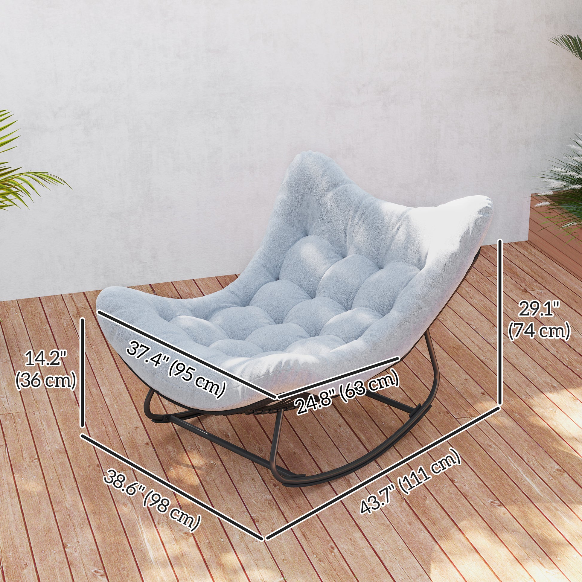 Oversized Rattan Patio Egg Chair, Outdoor Rocking Chair with Padded Cushion for Indoor, Porch, Grey