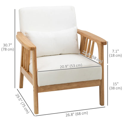 Armchair Upholstered Lounge Chair with Rubber Wood Frame Throw Pillows and Comfortable Cushion, White
