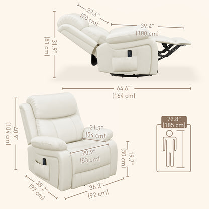 Leather Reclining Chair with Vibration Massage, Swivel Base, Rocking Function, Remote Control, Cream White