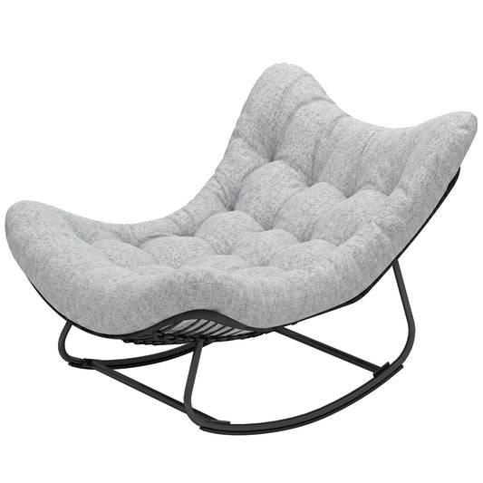 Oversized Rattan Patio Egg Chair, Outdoor Rocking Chair with Padded Cushion for Indoor, Porch, Grey