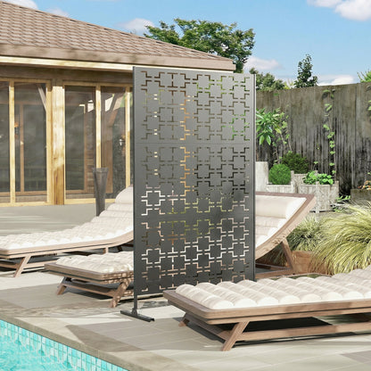 6.5FT Decorative Outdoor Divider, Metal Privacy Screen with Stand, Grid Style, Black