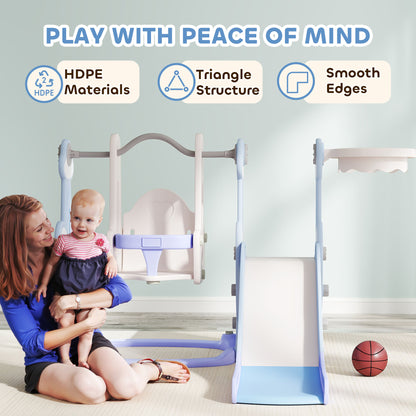 Qaba 4-in-1 Slide and Swing Set with Basketball Hoop, Climber, for Ages 1.5-4 Boys Girls Toddler, Rocket Themed, Light Blue