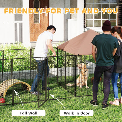 Outdoor Dog Kennel with 2 Rooms, Rotating & Adjustable Height Bowls, Waterproof UV-Resistant Cover, 16.2' x 4.7' x 5.1'