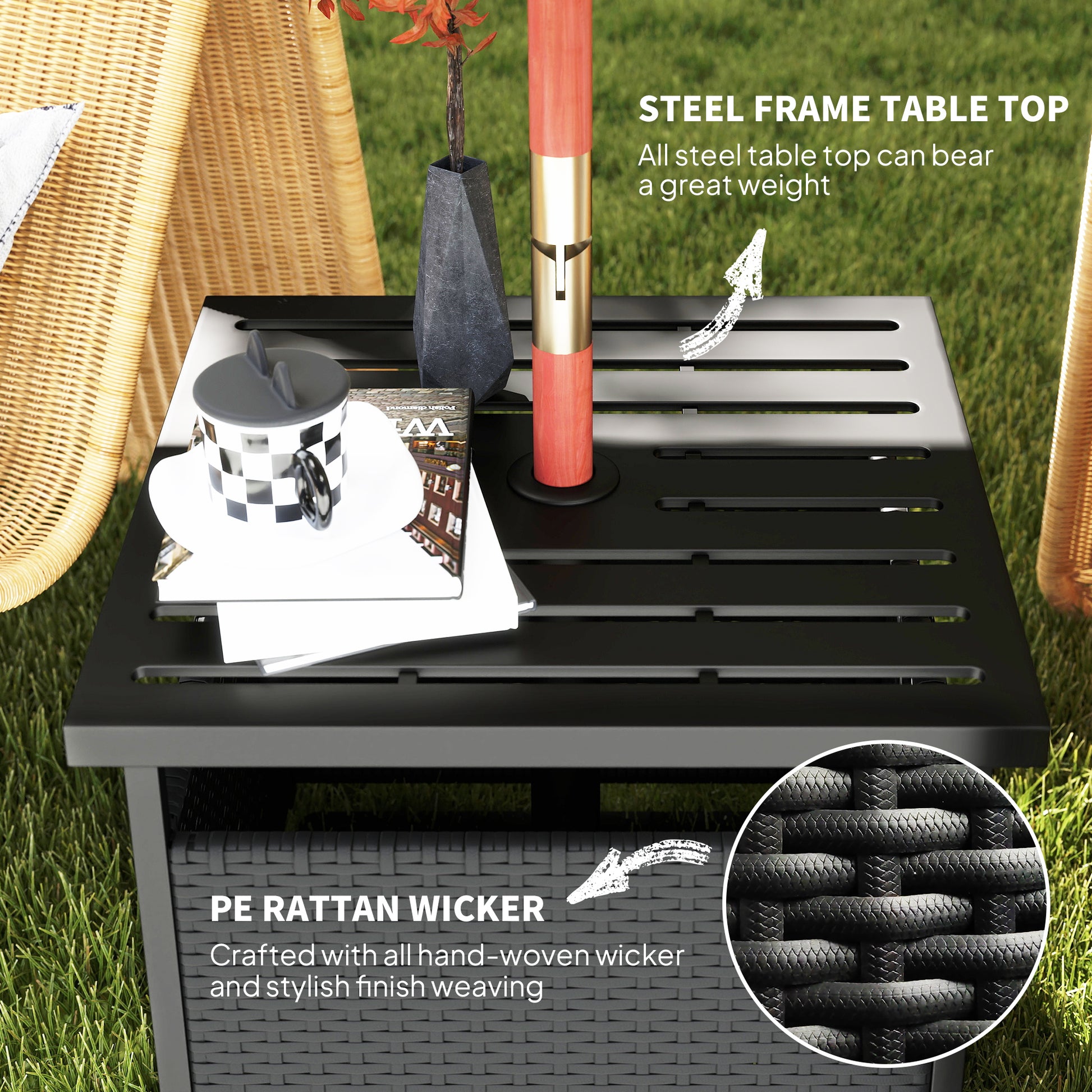21.75" Outdoor Rattan Wicker Patio Coffee Table with Umbrella Hole, Patio Side Table with Slatted Metal Top, Black