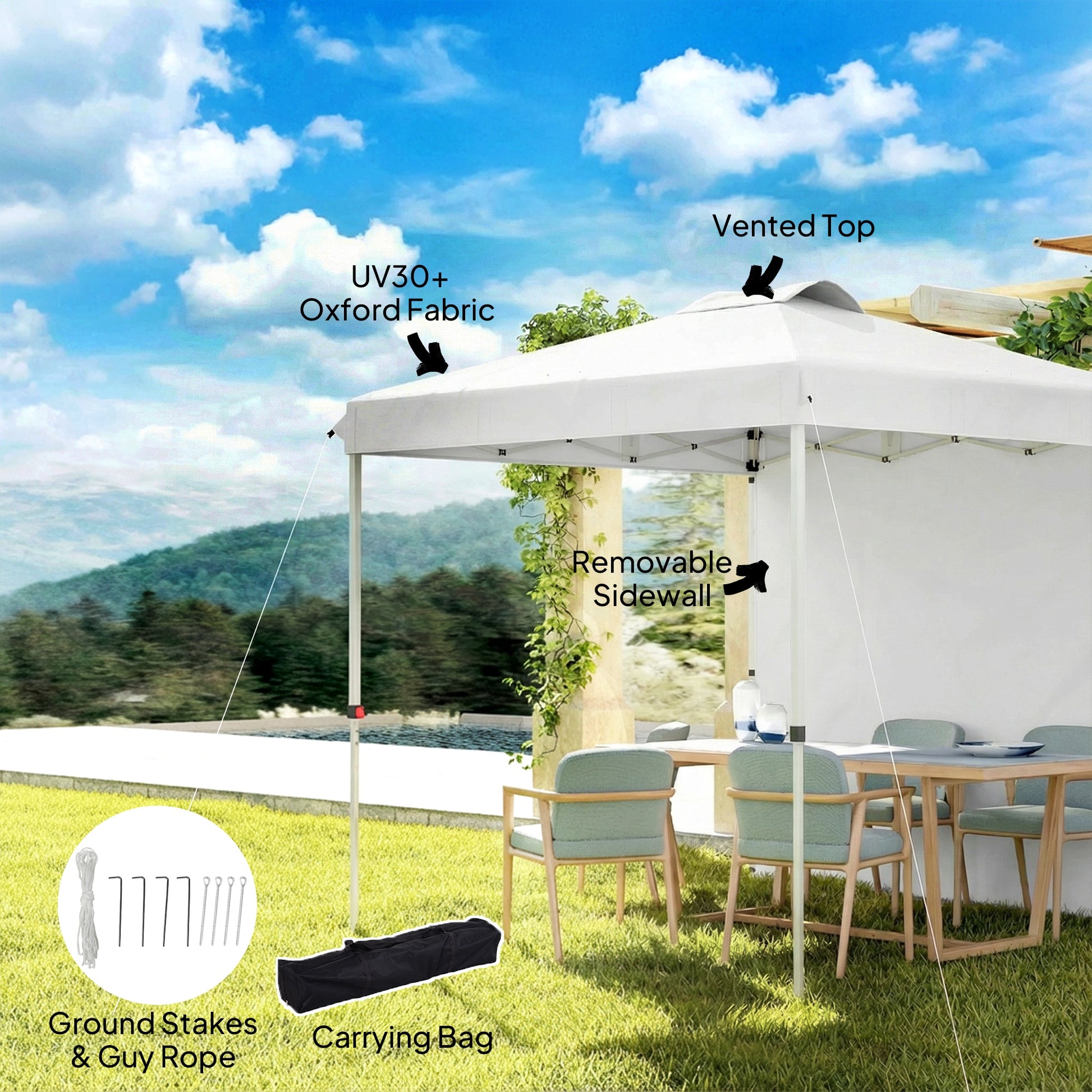 8 x 8 ft Pop Up Canopy with 1 Sidewall, Carry Bag and 4 Sand Bags, Height Adjustable Instant Sun Shelter, White