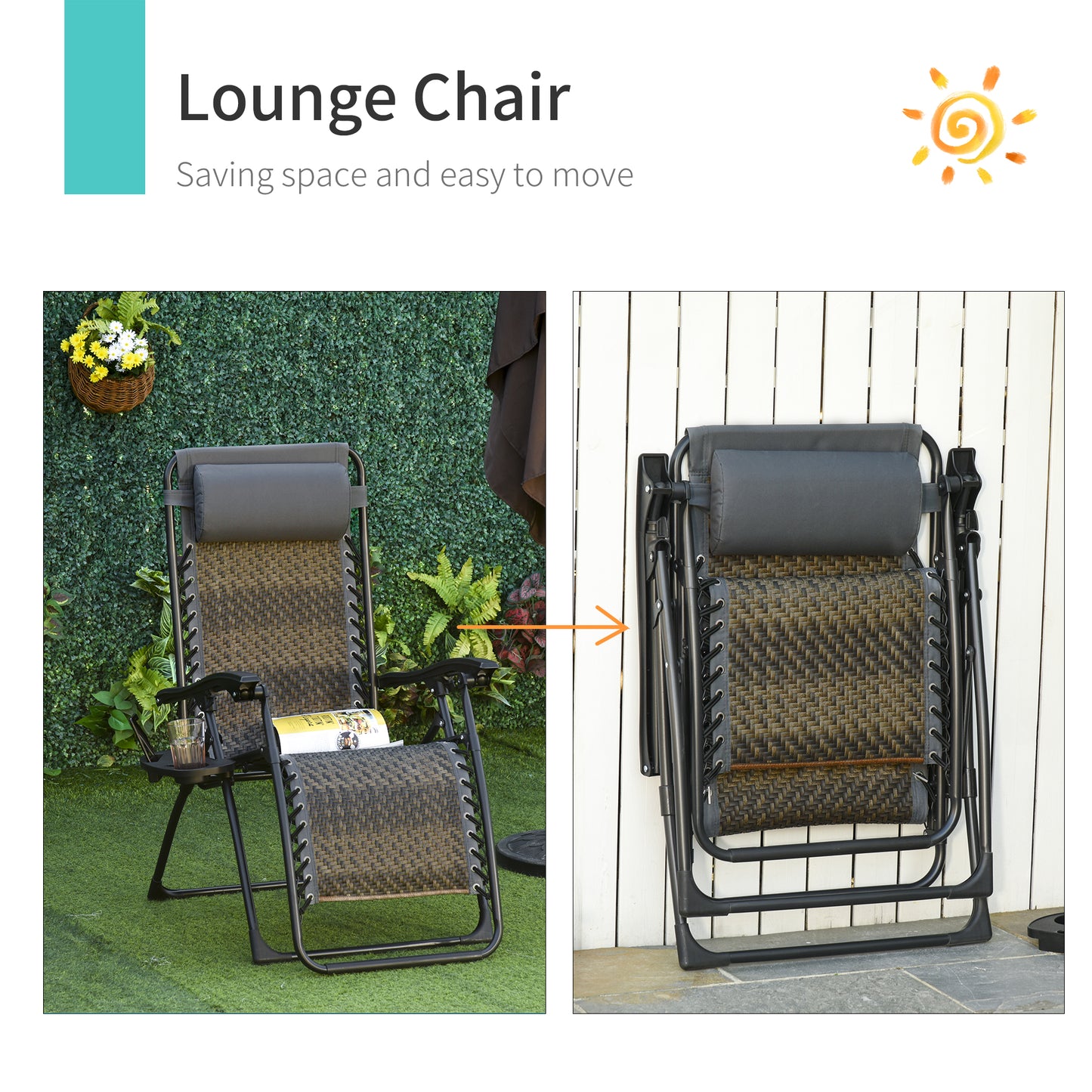 Wicker Folding Lounge Chair with Adjustable Backrest, Rattan Recliner Chair with Headrest & Side Table Tray, Grey