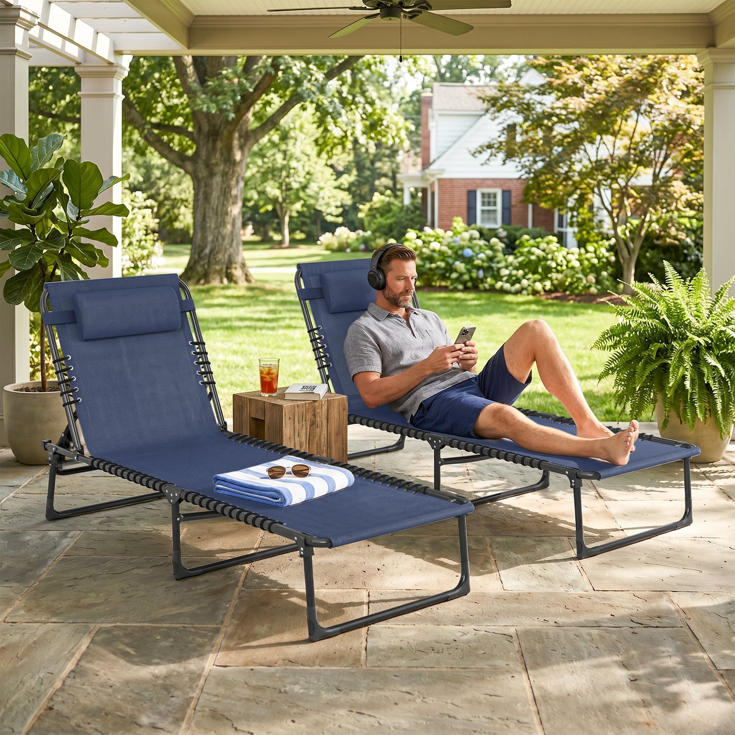 2 PCs Folding Lounge Chair, Adjustable Chaise Lounge with Headrest, Reclining Lounger Cot for Camping, Hiking, Dark Blue