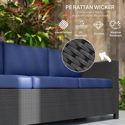 Deluxe 3 Seat Rattan Wicker Sofa Garden Outdoor Patio Furniture with Cushion, Navy Blue