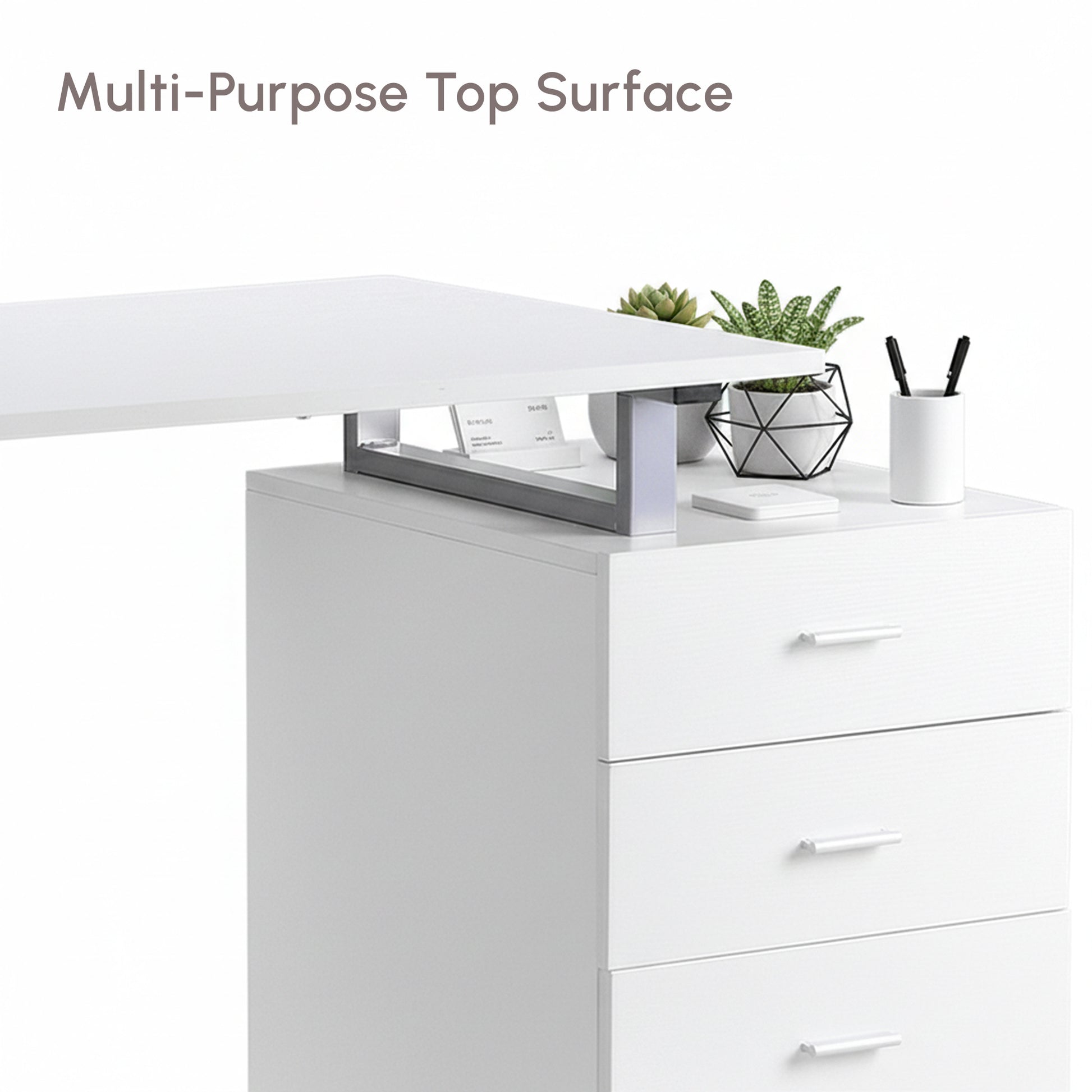47" Computer Desk Writing Table Workstation with Multi-Use Reversible File Drawers Metal Frame Home Office Furniture, White