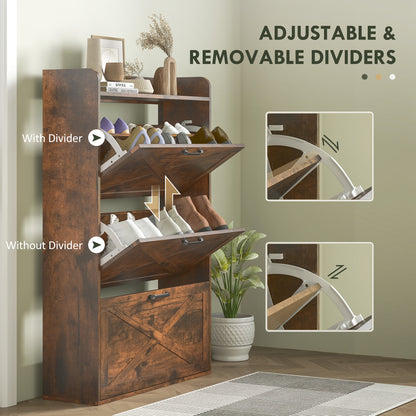 Narrow Shoe Storage Cabinet Farmhouse Shoe Cabinet with 3 Flip Drawers Adjustable Shelves for Entryway Rustic Brown