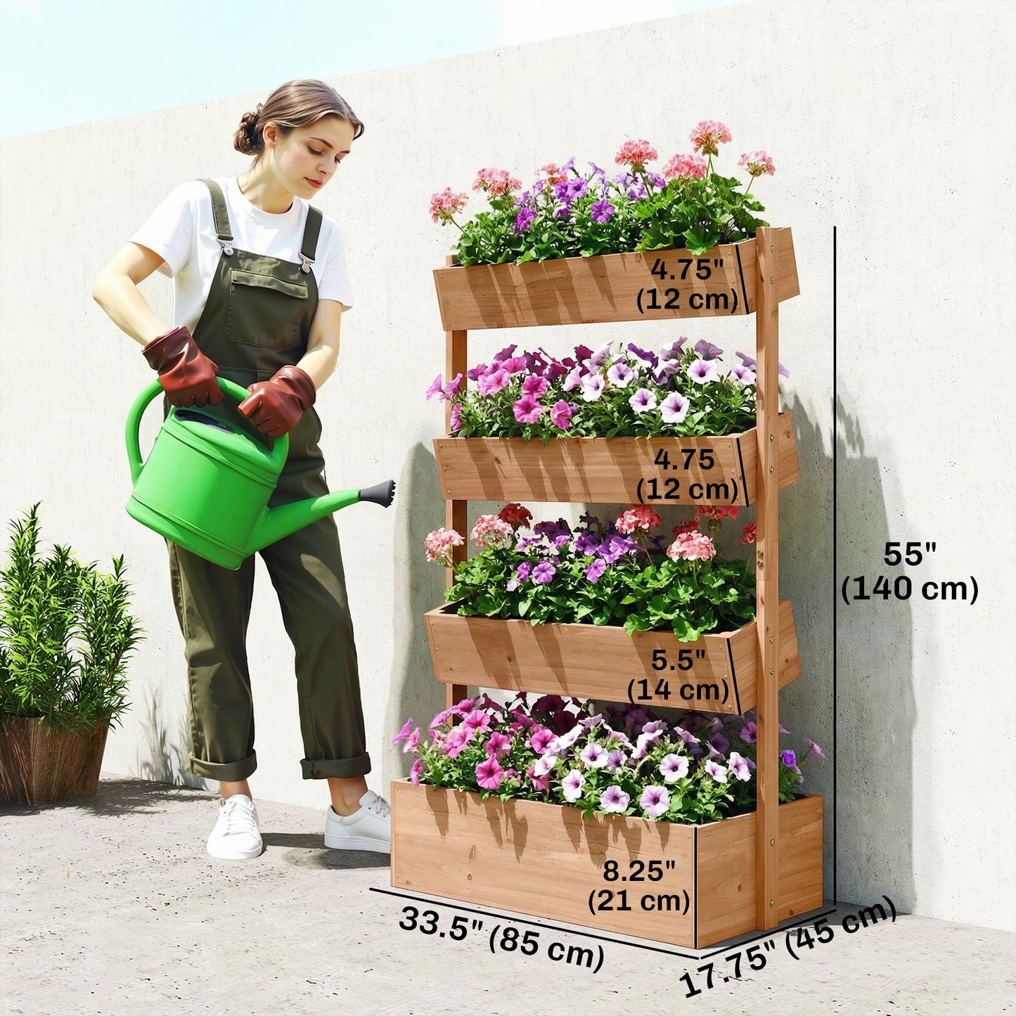 4-Tier Raised Garden Bed, 33.5" x 18" x 55" Vertical Wooden Outdoor Planter Box with Drainage Holes and Fabric Liner