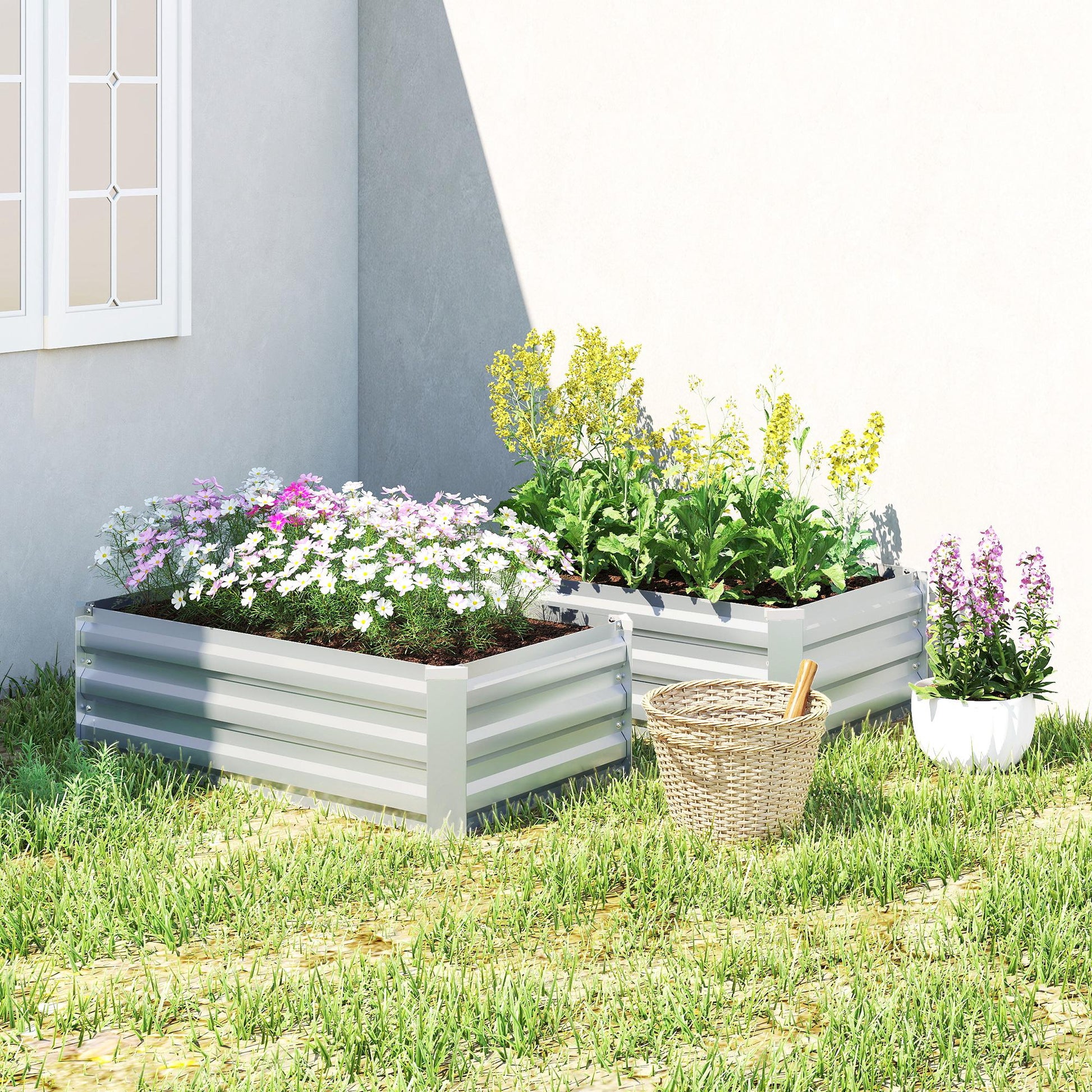 Set of 2 Galvanized Raised Beds for Garden, Outdoor Planter Box for Flowers, Herbs and Vegetables, Grey