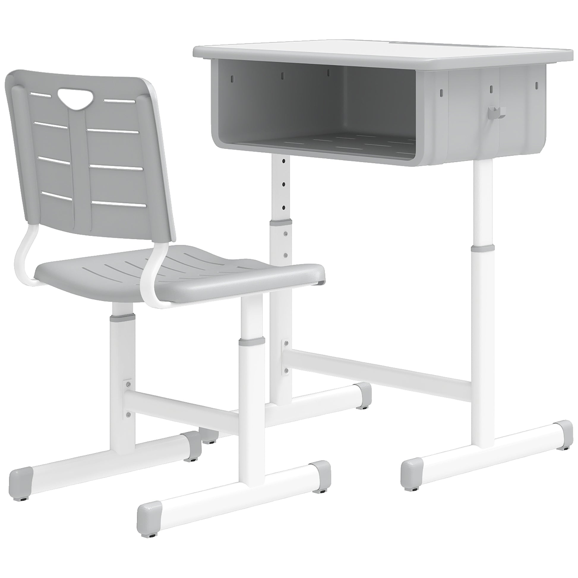 Qaba Kids Desk and Chair Set, Height Adjustable Children Study Desk and Chair with Drawer, Study Table for Bedroom, Grey